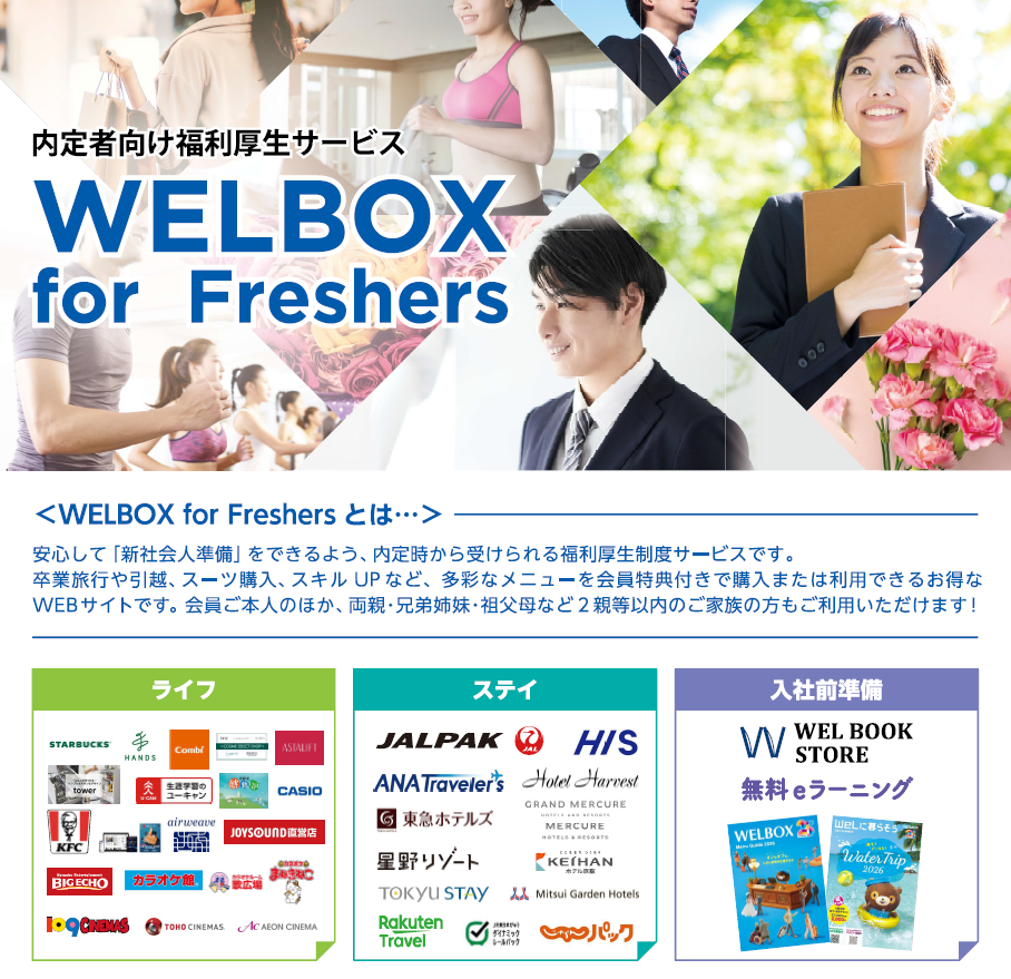 WELBOX for Freshers サービス紹介。ライフ・ステイ・入社前準備などのメニュー例。